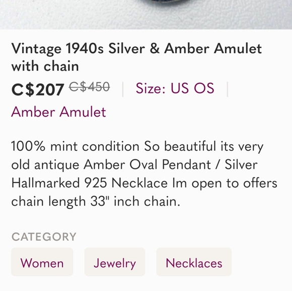 Vintage 1940s Silver & Amber Amulet with silver chain - Picture 4 of 4